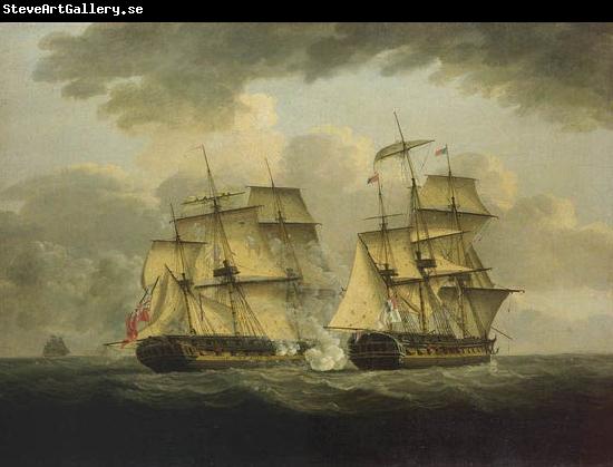 unknow artist An oil painting of a naval engagement between the French frigate Semillante and British frigate Venus in 1793